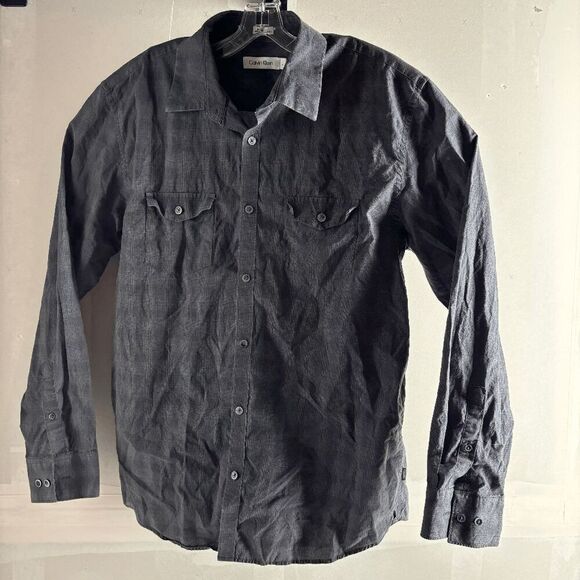 Calvin Klein Black Grey Squares Cotton Button Down Size L Men's Shirt Y2K VTG - Picture 1 of 6
